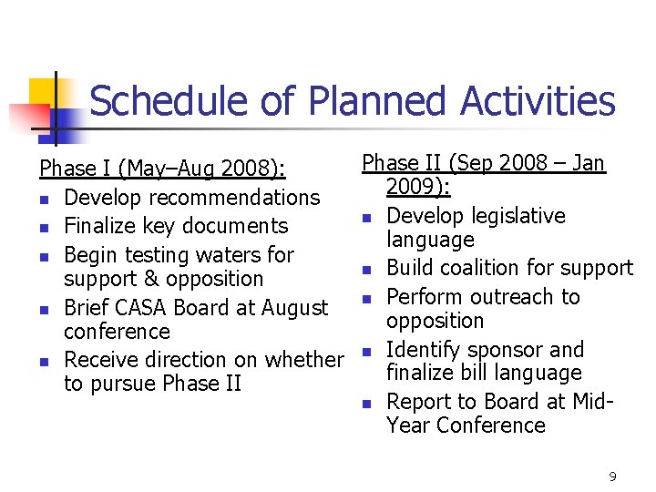 Schedule of Planned Activities Phase II (Sep 2008 – Jan Phase I (May–Aug 2008):