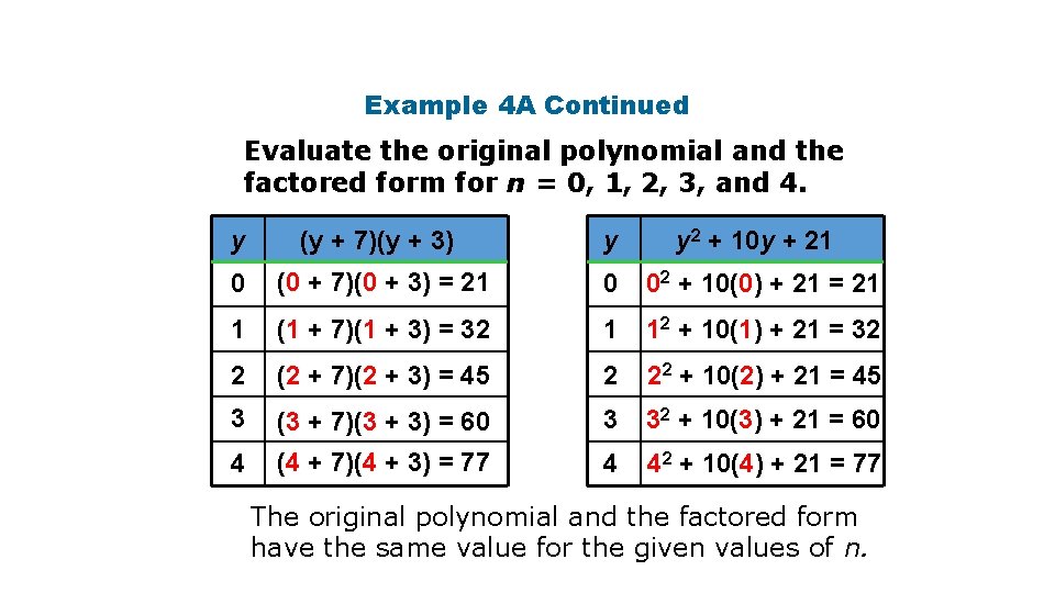 Example 4 A Continued Evaluate the original polynomial and the factored form for n