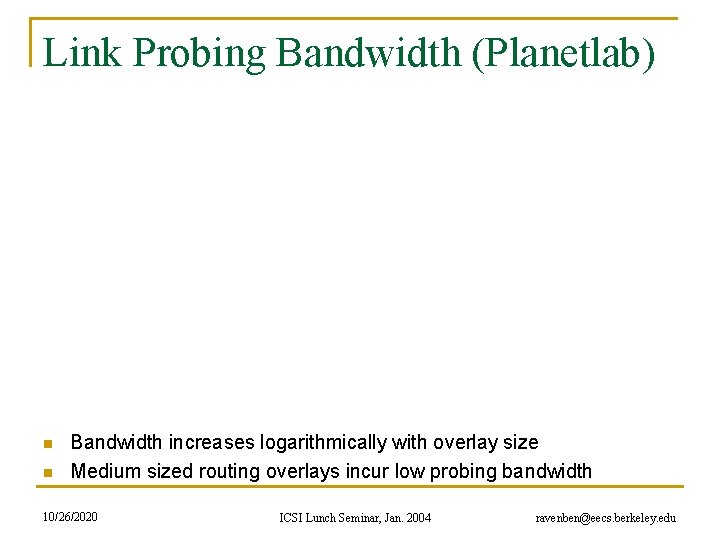 Link Probing Bandwidth (Planetlab) n n Bandwidth increases logarithmically with overlay size Medium sized