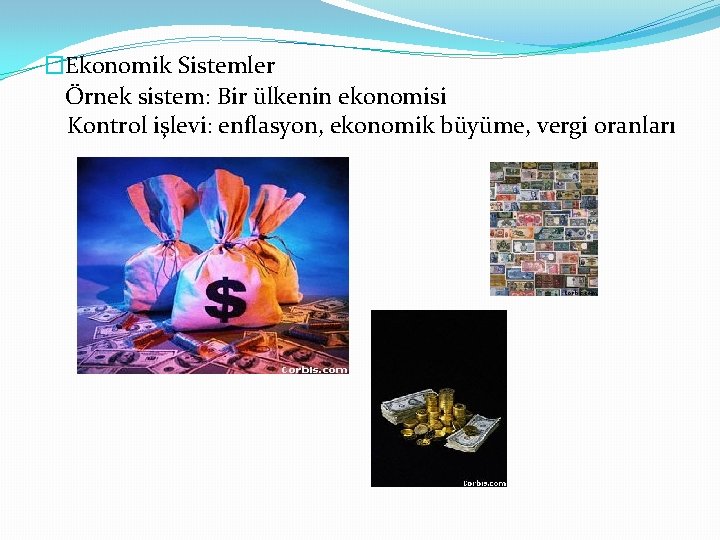 �Ekonomik Sistemler Örnek sistem: Bir ülkenin ekonomisi Kontrol işlevi: enflasyon, ekonomik büyüme, vergi oranları
