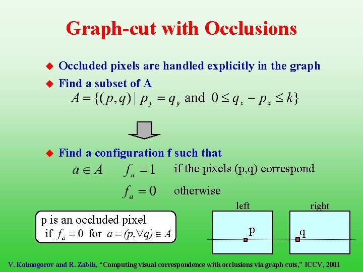 Graph-cut with Occlusions u u u Occluded pixels are handled explicitly in the graph