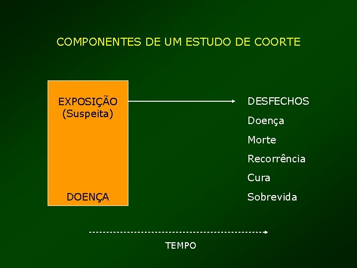 COMPONENTES DE UM ESTUDO DE COORTE DESFECHOS EXPOSIÇÃO (Suspeita) Doença Morte Recorrência Cura Sobrevida