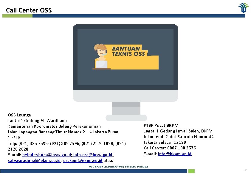 Call Center OSS Lounge Lantai 1 Gedung Ali Wardhana Kementerian Koordinator Bidang Perekonomian Jalan