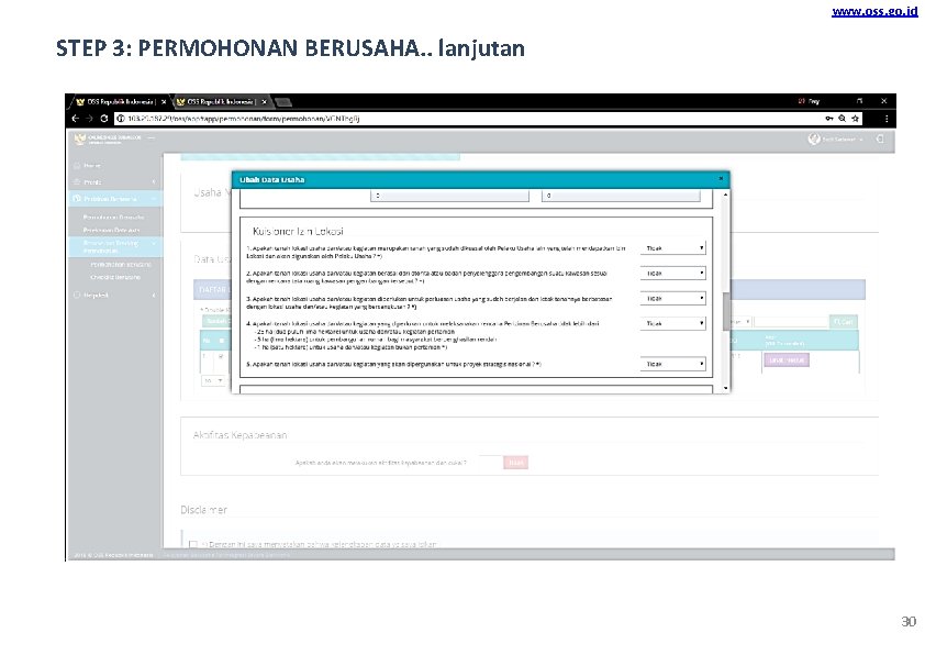 www. oss. go. id STEP 3: PERMOHONAN BERUSAHA. . lanjutan 30 