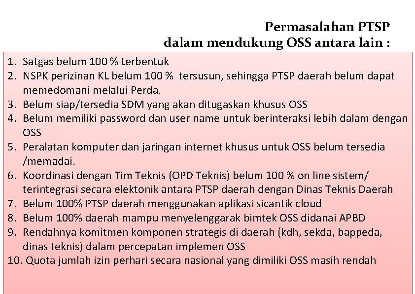 Permasalahan PTSP dalam mendukung OSS antara lain : 1. Satgas belum 100 % terbentuk