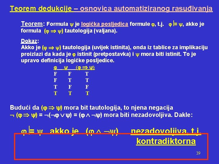 Teorem dedukcije – osnovica automatiziranog rasuđivanja Teorem: Formula je logička posljedica formule , t.
