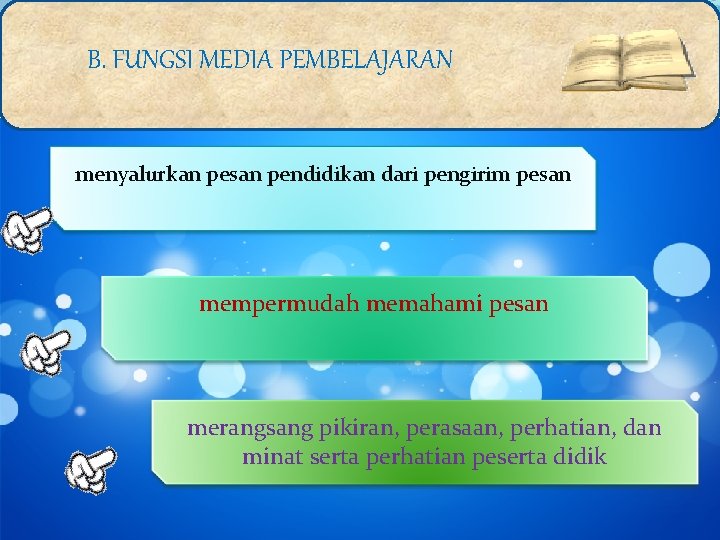 B. FUNGSI MEDIA PEMBELAJARAN menyalurkan pesan pendidikan dari pengirim pesan mempermudah memahami pesan merangsang