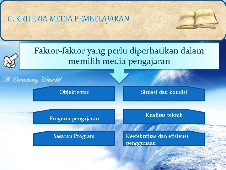 C. KRITERIA MEDIA PEMBELAJARAN Faktor-faktor yang perlu diperhatikan dalam memilih media pengajaran Objektivitas Program