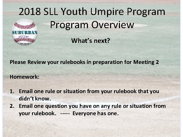 2018 SLL Youth Umpire Program Overview What’s next? Please Review your rulebooks in preparation