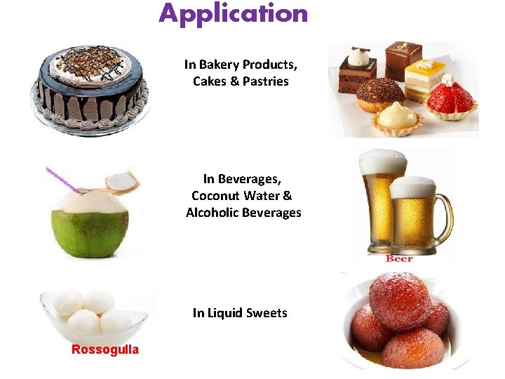 Application In Bakery Products, Cakes & Pastries In Beverages, Coconut Water & Alcoholic Beverages