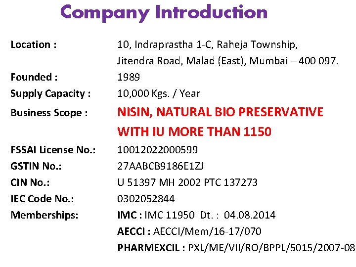 Company Introduction Location : Founded : Supply Capacity : 10, Indraprastha 1 -C, Raheja