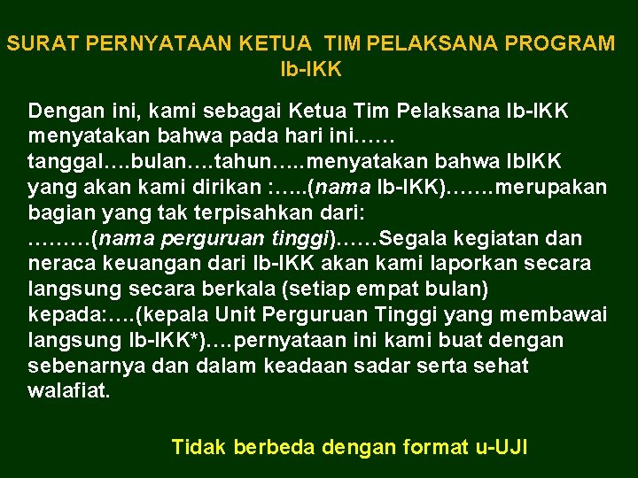 SURAT PERNYATAAN KETUA TIM PELAKSANA PROGRAM Ib-IKK Dengan ini, kami sebagai Ketua Tim Pelaksana