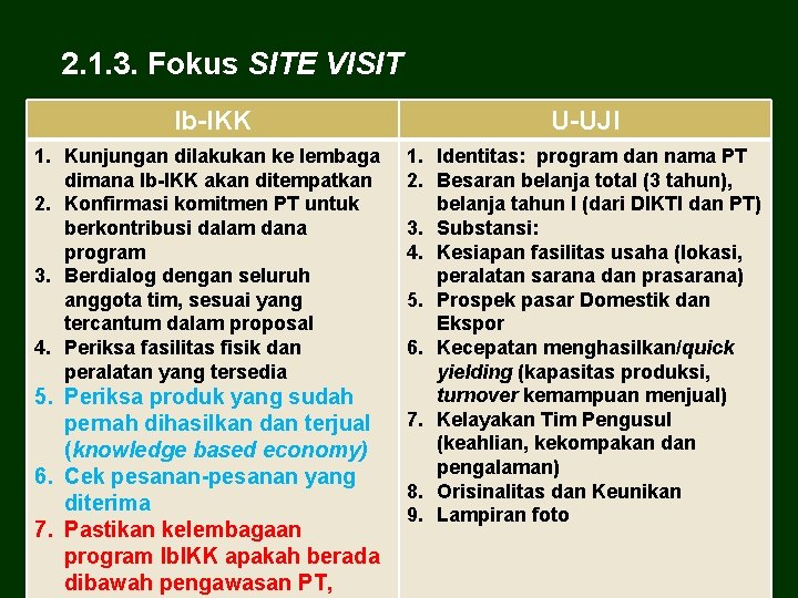 2. 1. 3. Fokus SITE VISIT Ib-IKK U-UJI 1. Kunjungan dilakukan ke lembaga dimana