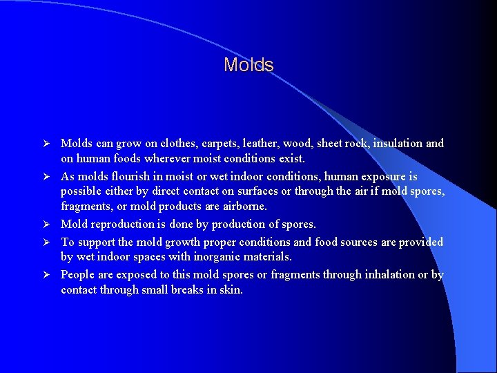 Molds Ø Ø Ø Molds can grow on clothes, carpets, leather, wood, sheet rock,