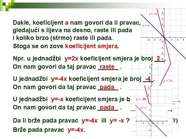 Dakle, koeficijent a nam govori da li pravac, gledajući s lijeva na desno, raste