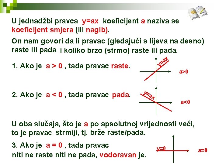 U jednadžbi pravca y=ax koeficijent a naziva se koeficijent smjera (ili nagib). On nam