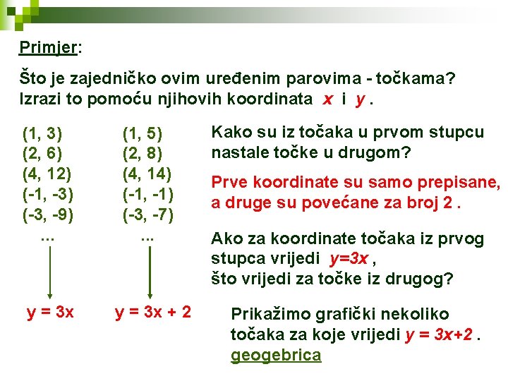 Primjer: Što je zajedničko ovim uređenim parovima - točkama? Izrazi to pomoću njihovih koordinata