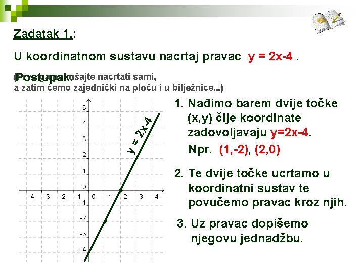 Zadatak 1. : U koordinatnom sustavu nacrtaj pravac y = 2 x-4. y= 2