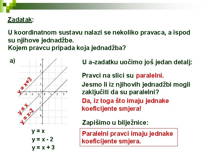 Zadatak: U koordinatnom sustavu nalazi se nekoliko pravaca, a ispod su njihove jednadžbe. Kojem