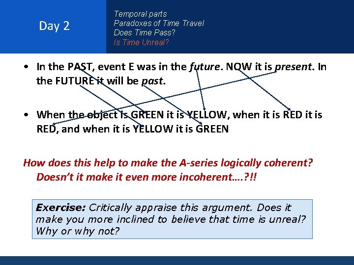 Day 2 Temporal parts Paradoxes of Time Travel Does Time Pass? Is Time Unreal?