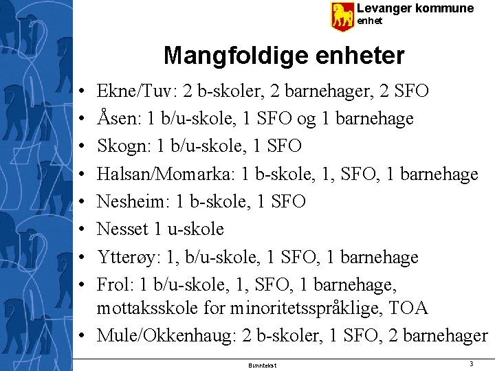 Levanger kommune enhet Mangfoldige enheter • • Ekne/Tuv: 2 b-skoler, 2 barnehager, 2 SFO