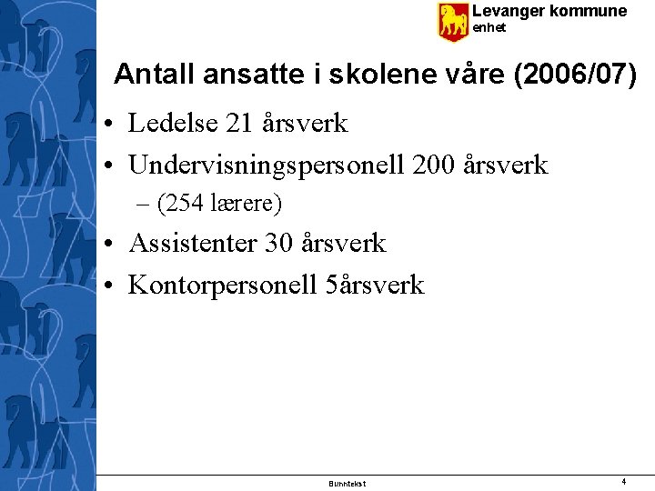 Levanger kommune enhet Antall ansatte i skolene våre (2006/07) • Ledelse 21 årsverk •