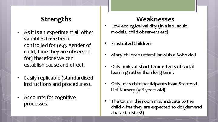 Strengths • As it is an experiment all other variables have been controlled for