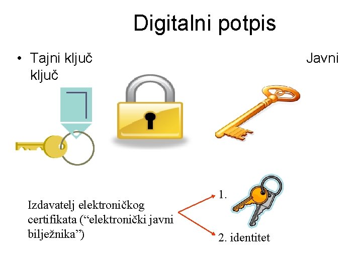 Digitalni potpis • Tajni ključ Izdavatelj elektroničkog certifikata (“elektronički javni bilježnika”) Javni 1. 2.