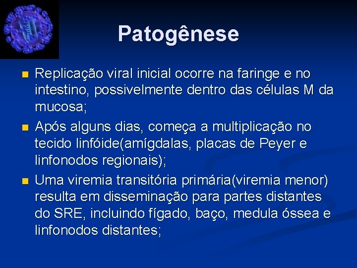 Patogênese n n n Replicação viral inicial ocorre na faringe e no intestino, possivelmente