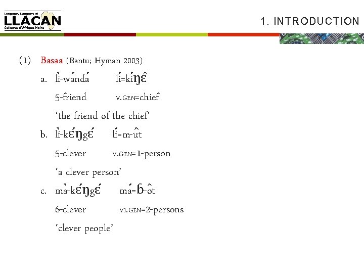 1. INTRODUCTION (1) Basaa (Bantu; Hyman 2003) a. li -wa nda li =ki ŋɛ