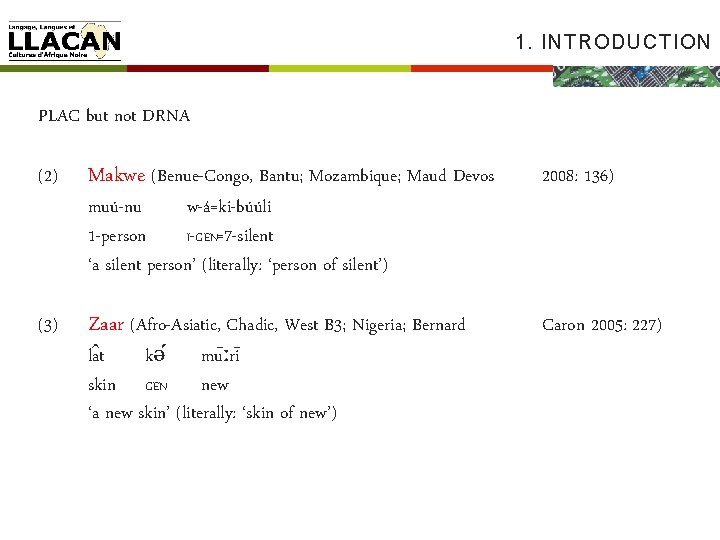 1. INTRODUCTION PLAC but not DRNA (2) Makwe (Benue-Congo, Bantu; Mozambique; Maud Devos 2008: