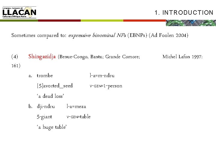 1. INTRODUCTION Sometimes compared to: expressive binominal NPs (EBNPs) (Ad Foolen 2004) (4) 161)