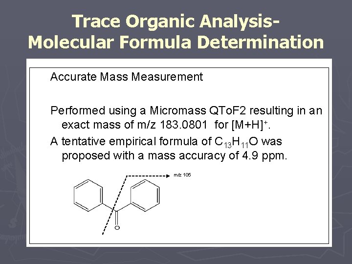 Trace Organic Analysis. Molecular Formula Determination Accurate Mass Measurement Performed using a Micromass QTo.