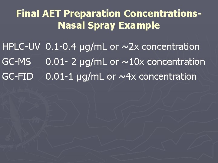 Final AET Preparation Concentrations. Nasal Spray Example HPLC-UV 0. 1 -0. 4 μg/m. L