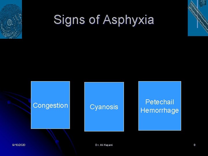 Signs of Asphyxia Congestion 9/10/2020 Cyanosis Dr. Al-Hayani Petechail Hemorrhage 8 