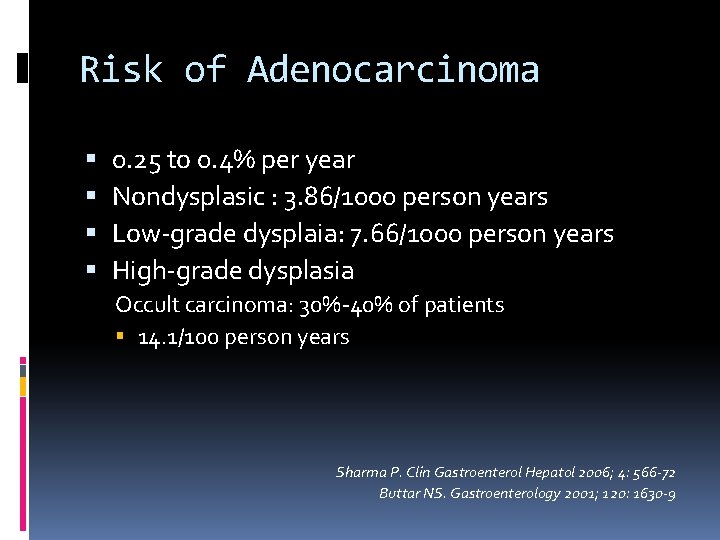 Risk of Adenocarcinoma 0. 25 to 0. 4% per year Nondysplasic : 3. 86/1000