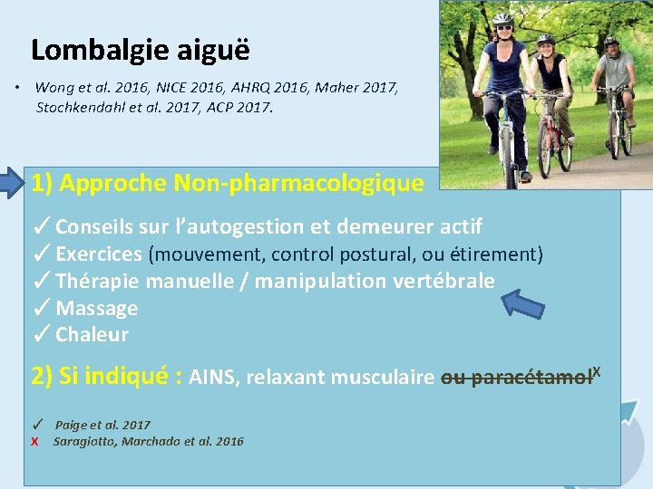 Lombalgie aiguë • Wong et al. 2016, NICE 2016, AHRQ 2016, Maher 2017, Stochkendahl