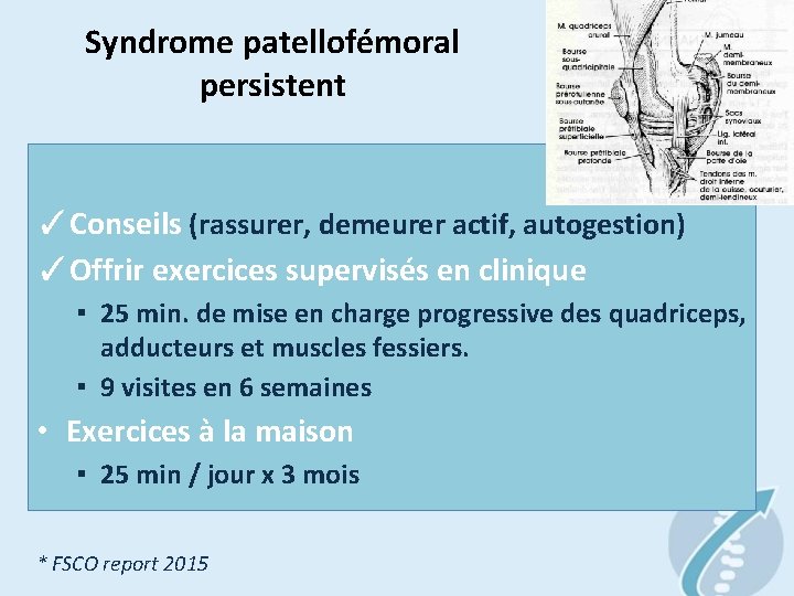 Syndrome patellofémoral persistent ✓Conseils (rassurer, demeurer actif, autogestion) ✓Offrir exercices supervisés en clinique ▪