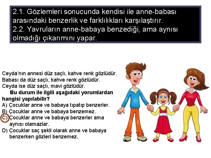 2. 1. Gözlemleri sonucunda kendisi ile anne-babası arasındaki benzerlik ve farklılıkları karşılaştırır. 2. 2.