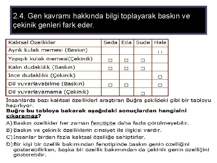 2. 4. Gen kavramı hakkında bilgi toplayarak baskın ve çekinik genleri fark eder. 