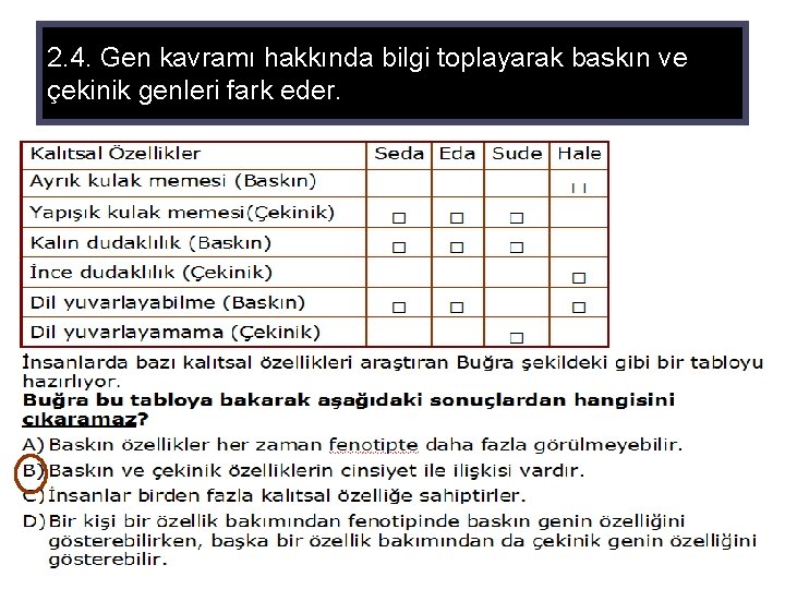 2. 4. Gen kavramı hakkında bilgi toplayarak baskın ve çekinik genleri fark eder. 