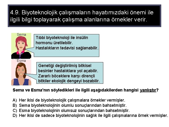 4. 9. Biyoteknolojik çalışmaların hayatımızdaki önemi ile ilgili bilgi toplayarak çalışma alanlarına örnekler verir.