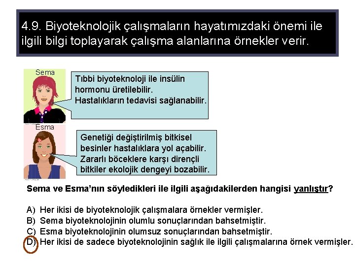 4. 9. Biyoteknolojik çalışmaların hayatımızdaki önemi ile ilgili bilgi toplayarak çalışma alanlarına örnekler verir.