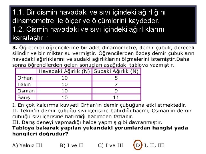 1. 1. Bir cismin havadaki ve sıvı içindeki ağırlığını dinamometre ile ölçer ve ölçümlerini