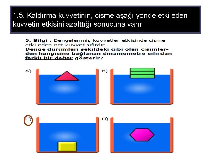 1. 5. Kaldırma kuvvetinin, cisme aşağı yönde etki eden kuvvetin etkisini azalttığı sonucuna varır