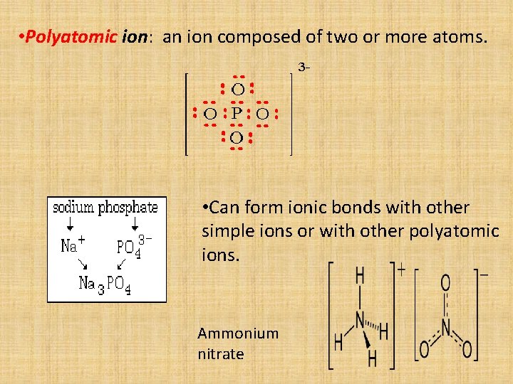  • Polyatomic ion: an ion composed of two or more atoms. • Can