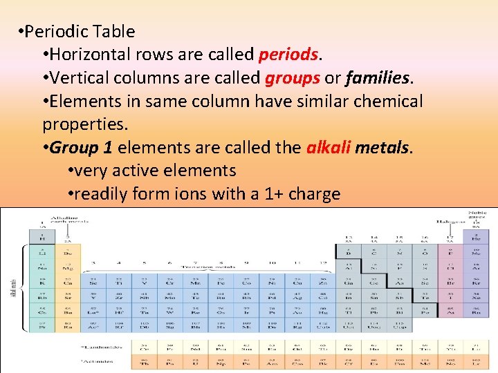  • Periodic Table • Horizontal rows are called periods. • Vertical columns are