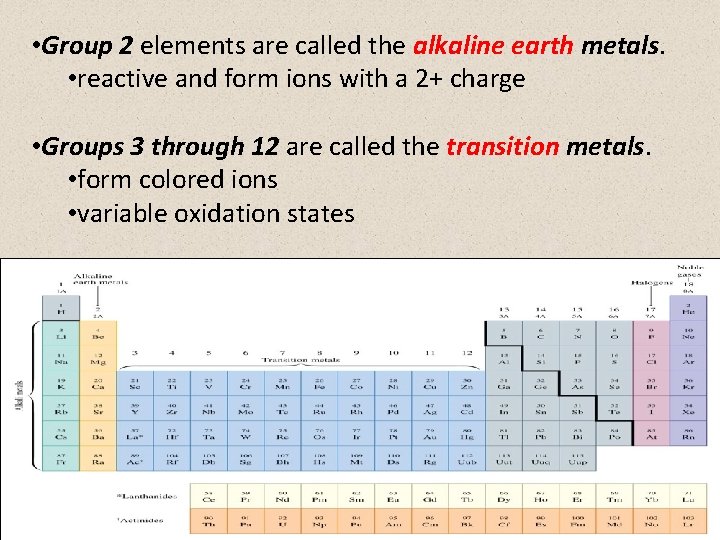  • Group 2 elements are called the alkaline earth metals. • reactive and
