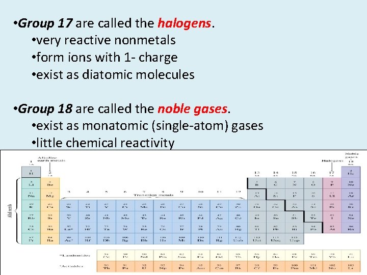  • Group 17 are called the halogens. • very reactive nonmetals • form