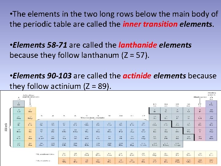  • The elements in the two long rows below the main body of